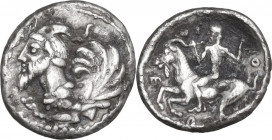 Sicily. Himera. AR Litra, c. 425-409 BC. Obv. Forepart of horned, human-headed creature, with lion’s legs and curled wing, left. Rev. I-ME-P-AION. Pan...