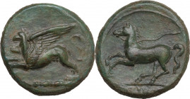 Sicily. Kainon. AE 22 mm, c. 360-340 BC. Obv. Winged eagle-griffin flying left; cord-shaped exergual line. Rev. Horse galloping left, trailing reins; ...