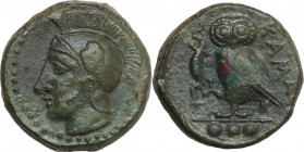 Sicily. Kamarina. AE Tetras, c. 410-405 BC. Obv. Head of Athena left, wearing crested Corinthian helmet decorated with a wing. Rev. KAMA. Owl standing...