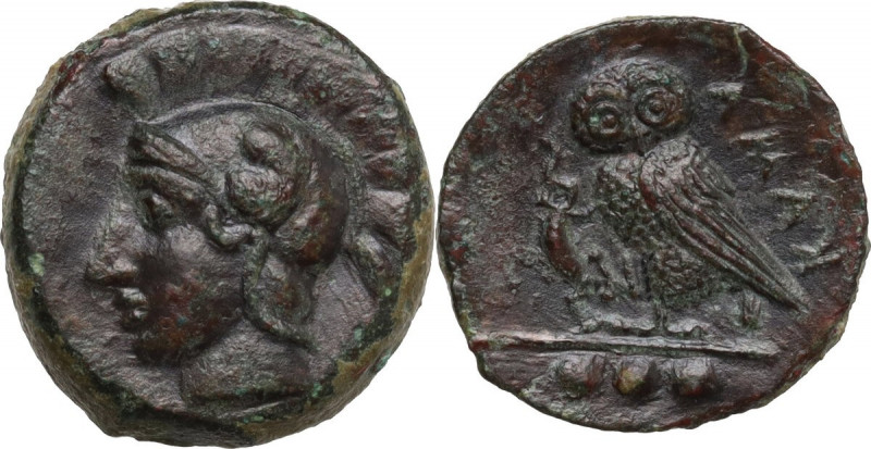 Sicily. Kamarina. AE Tetras, c. 410-405 BC. Obv. Head of Athena left, wearing cr...