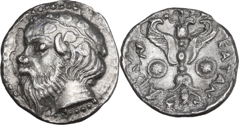 Sicily. Katane. AR Litra, c. 410-405 BC. Obv. Bearded head of Silenos left, wear...