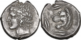 Sicily. Leontini. AR Tetradrachm, c. 430-425 BC. Obv. Head of Apollo left, wearing laurel wreath. Rev. LE-O-N-TI-N-ON. Lion's head left, with open jaw...
