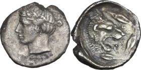 Sicily. Leontini. AR Drachm, c. 455-430 BC. Obv. Laureate head of Apollo left. Rev. ΛΕΟΝ. Ηead of roaring lion right, three barley grains around. HGC ...