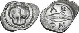 Sicily. Leontini. AR Litra, c. 476-466 BC. Obv. Lion scalp facing. Rev. ΛΕ/ΟΝ. Barley corn. HGC 2 687; SNG ANS 216; Boehringer, Leontini 19; SNG ANS 2...