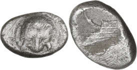 Sicily. Messana as Zankle. AR Diobol. Samian occupation, c. 493-488 BC. Obv. Facing lion's scalp. Rev. Prow of a Samaina left. HGC 2 773 var. (Corinth...