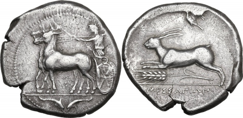 Sicily. Messana. AR Tetradrachm, c. 412-408 BC. Obv. The nymph Messana, holding ...