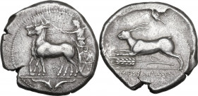Sicily. Messana. AR Tetradrachm, c. 412-408 BC. Obv. The nymph Messana, holding kentron in right hand, reins in both, driving slow biga of mules left;...