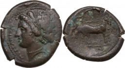 Sicily. Messana. AE 27 mm, c. 317-311 BC. Obv. ΜΕΣΣΑΝΙΩΝ. Head of the nymph Messana left, hair in thin band. Rev. The nymph Messana, holding palm and ...
