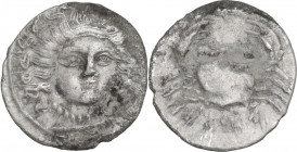 Sicily. Motya. AR Litra, c. 400-3907 BC. Obv. Head of nymph facing slightly right. Rev. Crab; below, mtv' in Phoenician letters. HGC 2 937; Jenkins, P...