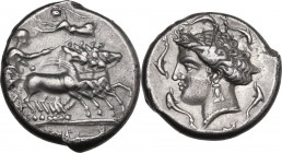 Sicily. Panormos as Ziz. AR Tetradrachm, c. 320-310 BC. Obv. Charioteer, holding kentron in extended right hand, reins in left, driving fast quadriga ...