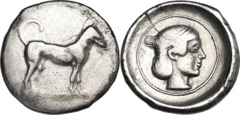 Sicily. Segesta. AR Didrachm, c. 440/35-420/16 BC. Obv. Hound standing right. Re...