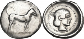 Sicily. Segesta. AR Didrachm, c. 440/35-420/16 BC. Obv. Hound standing right. Rev. Head of the nymph Aigeste to right, her hair bound with a taenia; a...