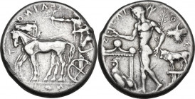 Sicily. Selinos. AR Tetradrachm, c. 455-409 BC. Obv. Artemis, holding reins in both hands, driving quadriga left; beside her, Apollo standing left, dr...