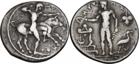 Sicily. Selinos. AR Didrachm, c. 417-409 BC. Obv. Herakles right, wielding club and graspling horn of bull right; partially retrograde ΣEΛI-NOT-I-ON a...
