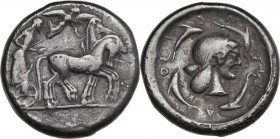 Sicily. Syracuse. Hieron I (478-466 BC). AR Tetradrachm, c. 475-470 BC. Obv. Charioteer, holding kentron in right hand, reins in left, driving slow qu...