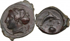 Sicily. Syracuse. Second Democracy (466-405 BC). AE Hemilitron, c. 415-405 BC. Obv. Head of Arethusa left, wearing sphendone and earring (in the shape...