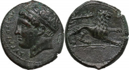 Sicily. Syracuse. Agathokles (317-289 BC). AE Litra, c. 308-307 BC. Obv. ΣΥΡΑΚΟΣΙΩΝ. Diademed head of Herakles left, hair bound with tainia; behind, b...