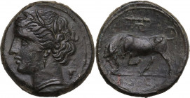 Sicily. Syracuse. Hieron II (274-215 BC). AE Hemilitron, c. 275-269 BC. Obv. [ΣΥΡΑΚΟΣΙΩΝ]. Wreathed head of Kore left; bucranium (?) behind neck. Rev....