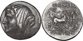 Sicily. Syracuse. Philistis, wife of Hieron II (274-216 BC). AR 16 Litrai-Tetradrachm, c. 240-218/5 BC. Obv. Diademed and veiled head left; grain ear ...