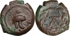 Sicily. Tauromenion. Mercenaries Campanoi. AE Onkia, c. 354-344 BC. Obv. Campanian helmet right. Rev. Monogram TA or KA within laurel-wreath. HGC 2 16...