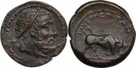 Sicily. Tauromenion. AE 24.55 mm. c. 275-216 BC. Obv. Head of Herakles right, wearing tainia; monogram behind. Rev. ΤΑΥΡΟΜΕΝΙΤΑΝ. Bull charging right....