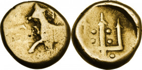 Continental Greece. Thrace, Byzantion. EL 11.5 mm, c. 387/6-340 BC. Obv. Forepart of bull left; monogram above. Rev. Trident. Cf. HGC 3 1388; Cf. SNG ...