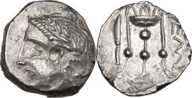 Continental Greece. Paeonia, Pelagia. AR Tetradrachm, c. 300-280 BC. Obv. Laureate head of Apollo left. Rev. ΠΕΛΑΓ Tripod, knife in left field. May, T...