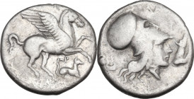 Continental Greece. Acarnania, Argos Amphilochikon. AR Stater, c. 360-330 BC. Obv. Pegasos flying right; below, AP above hound lying right. Rev. Helme...
