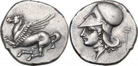 Continental Greece. Acarnania, Leukas. AR Stater, c. 360-340 BC. Obv. Pegasos flying left; [Λ below]. Rev. Helmeted head of Athena left; Λ below chin,...