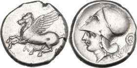 Continental Greece. Acarnania, Leukas. AR Stater, c. 320-280 BC. Obv. Pegasos flying left; Λ below. Rev. Helmeted head of Athena left; A within wreath...