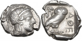 Continental Greece. Attica, Athens. AR Tetradrachm, c. 454-404 BC. Obv. Head of Athena right, wearing earring, necklace, and crested Attic helmet deco...