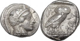 Continental Greece. Attica, Athens. AR Tetradrachm, c. 454-404 BC. Obv. Head of Athena right, wearing earring, necklace, and crested Attic helmet deco...