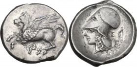 Continental Greece. Corinthia, Corinth. AR Stater, c. 345-307 BC. Obv. Pegasos flying left; koppa below. Rev. Helmeted head of Athena left; to right, ...