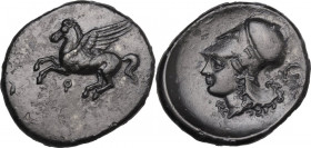 Continental Greece. Corinthia, Corinth. AR Stater, c. 345-307 BC. Obv. Pegasos flying left; koppa below. Rev. Helmeted head of Athena left; Δ within w...