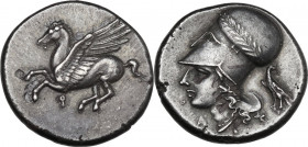 Continental Greece. Corinthia, Corinth. AR Stater, c. 345-307 BC. Obv. Pegasos flying left; koppa below. Rev. Head of Athena left, wearing laureate Co...
