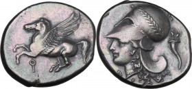 Continental Greece. Corinthia, Corinth. AR Stater, c. 345-307 BC. Obv. Pegasos flying left; koppa below. Rev. Head of Athena left, wearing laureate Co...