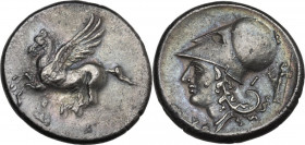 Continental Greece. Corinthia, Corinth. AR Stater, c. 345-307 BC. Obv. Pegasos flying left; koppa below. Rev. Helmeted head of Athena left; Δ-I flanki...