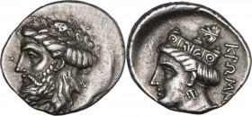 Greek Asia. Paphlagonia, Kromna. AR Drachm, 4th century BC. Obv. Head of Zeus left, wearing laurel wreath. Rev. KPΩMNA. Head of Hera left, wearing orn...