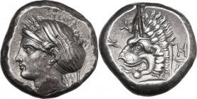 Greek Asia. Mysia, Kyzikos. AR Tetradrachm, c. 390-330 BC. Obv. Head of Kore Soteira left, hair in sphendone covered with a veil, wearing wreath of gr...