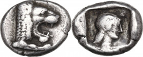 Greek Asia. Caria, Knidos. AR Drachm, c. 490-465 BC. Obv. Head and foreleg of roaring lion right. Rev. Head of Aphrodite right, wearing tainia, within...