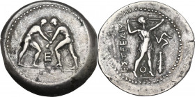 Greek Asia. Pamphylia, Aspendos. AR Stater, c. 330/25-300/250 BC. Obv. Two wrestlers grappling; E between. Rev. ΕΣΤFΕΔΙ.Υ Slinger standing right; O be...