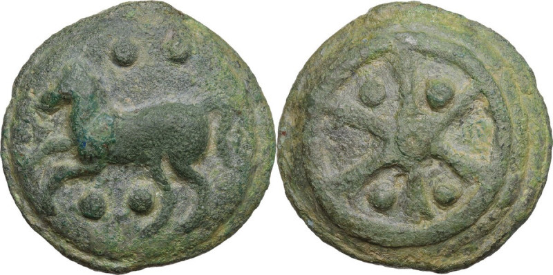 Wheel series. AE Cast Triens, about 265-242 BC. Obv. Horse prancing left; four p...