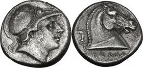 Anonymous sickle series. AR Didrachm, uncertain Campanian mint, 241-235 BC (?). Obv. Helmeted head of beardless Mars right. Rev. Head of horse right; ...