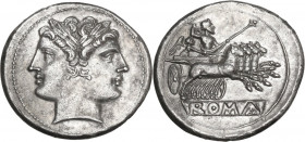 Anonymous. AR Quadrigatus (Didrachm), uncertain Sicilian mints, 218-217 BC. Obv. Laureate Janiform head of Dioscuri. Rev. Jupiter in quadriga right, d...