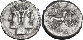 Anonymous. AR Quadrigatus (Didrachm), uncertain Campanian mint (Capua?), 215 BC (debased coinage). Obv. Laureate Janiform head of Dioscuri. Rev. Jupit...