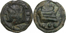 Janus/prow to right libral series. AE Cast Quadrans, c. 225-217 BC. Obv. Head of Hercules left; behind, three pellets. Rev. Prow right; below, three p...