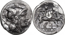 Anchor series. AR Denarius, uncertain Campanian mint (Capua?), 210 BC. Obv. Helmeted head of Roma right; behind, X. Rev. The Dioscuri galloping right;...