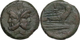 Sextantal series. AE As, after 211 BC. Obv. Laureate head of Janus; above, I. Rev. Prow right; above, I; below, ROMA. Cr. 56/2. AE. 30.83 g. 34.00 mm....