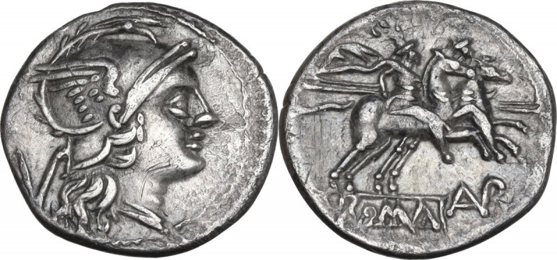 AVR series. AR Quinarius, uncertain Sardinian mint, 209 BC. Obv. Helmeted head o...