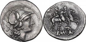 Dolphin (first) series. AR Denarius, uncertain Campanian mint (Castra Claudiana?), 211 BC. Obv. Helmeted head of Roma right; behind, X. Rev. The Diosc...